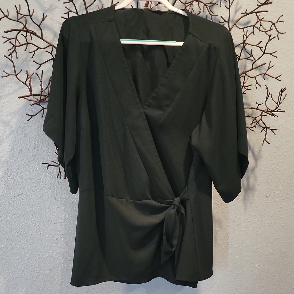Skies Are Blue Green 3/4 Sleeve Wrap Blouse